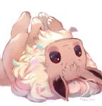 :3 blush commentary_request eevee gen_1_pokemon looking_at_viewer lying manino_(mofuritaionaka) no_humans on_back pokemon pokemon_(creature) simple_background smile solo upside-down white_background 