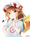  1girl anger_vein bai_yemeng bangs blue_shirt blush_stickers brown_eyes brown_hair character_name chinese clenched_teeth clothes_writing commentary_request curled_horns demon_girl demon_horns eyebrows_visible_through_hair flag flat_cap grey_hat hair_between_eyes hand_up hat hataraku_saibou head_tilt highres holding holding_flag horns long_hair looking_at_viewer platelet_(hataraku_saibou) shirt short_sleeves simple_background skull_and_crossbones solo teeth translation_request very_long_hair white_background 