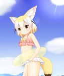  1girl adapted_costume animal_ears bare_arms bare_shoulders blonde_hair blue_sky blush bow brown_eyes clouds cowboy_shot day extra_ears eyebrows_visible_through_hair fennec_(kemono_friends) fox_ears fox_girl fox_tail highres holding holding_innertube innertube kemono_friends looking_at_viewer multicolored_hair navel ocean outdoors pink_bikini_top shin01571 sky smile solo standing sun sunlight swimsuit tail transparent two-tone_hair white_bikini_bottom white_hair white_swimsuit yellow_bow yellow_innertube 