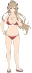  1girl ahoge amagi_brilliant_park bangs bare_arms bare_legs bare_shoulders bikini breasts brown_eyes brown_footwear full_body gluteal_fold hair_ribbon hand_on_hip hand_on_own_chest iwauchi_tomoki large_breasts light_blush light_brown_hair long_hair looking_at_viewer parted_lips red_bikini ribbon sandals sento_isuzu solo standing swimsuit wristband 