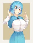  1girl :3 :p beige_border bimuri blue_capelet blue_eyes blue_hair blue_skirt blush breasts capelet commentary_request cowboy_shot eyebrows_visible_through_hair hair_between_eyes hands_up heterochromia highres huge_breasts long_sleeves looking_at_viewer pleated_skirt red_eyes shirt short_hair simple_background skirt smile solo standing tatara_kogasa tongue tongue_out touhou white_shirt yellow_background 
