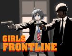 1boy 1girl afro ahoge aiming american_flag american_flag_print belt between_breasts black_hair blue_eyes breasts closed_mouth coat collared_shirt commentary copyright_name crossover dark_skin english_commentary finger_on_trigger fingernails flag_print girls_frontline grey_hair gun handgun highres holding holding_gun holding_weapon jacket kion-kun long_sleeves m1911 m1911_(girls_frontline) necktie open_clothes open_coat parody pistol pleated_skirt pulp_fiction samuel_l_jackson shirt skirt spot_color thigh-highs very_dark_skin weapon window wing_collar 