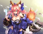  1girl ;p animal_ears blue_ribbon breasts cleavage copyright_name fang fate/grand_order fate_(series) fox_ears fox_tail hair_ribbon highres japanese_clothes large_breasts ofuda one_eye_closed pink_hair ribbon solo tail tamamo_(fate)_(all) tamamo_no_mae_(fate) tdnd-96 teeth thigh-highs tongue tongue_out yellow_eyes 