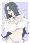  1girl :d absurdres black_hair blue_eyes blue_panties blue_ribbon breasts cleavage donguri_suzume double_w elbow_gloves gloves hair_over_one_eye halterneck hands_up head_tilt highres huge_breasts long_hair looking_at_viewer navel neck_ribbon one_eye_covered open_mouth original panties purple_background ribbon round_teeth simple_background smile solo striped striped_panties teeth triangular_headpiece underwear w white_gloves 