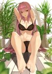  1girl armpits arms_up black_bra black_panties bra breasts cleavage eyebrows_visible_through_hair fate/grand_order fate_(series) foreshortening highres indoors large_breasts long_hair looking_at_viewer navel panties parted_lips plant purple_hair red_eyes scathach_(fate/grand_order) sidelocks sitting solo throtem toes underwear underwear_only very_long_hair 