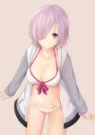  1girl absurdres bikini breasts cardigan cleavage collarbone cowboy_shot fate/grand_order fate_(series) grey_background grey_sweater groin hair_over_one_eye highres hosh looking_at_viewer mash_kyrielight medium_breasts navel open_cardigan open_clothes pink_hair short_hair simple_background smile solo standing sweater swimsuit violet_eyes white_bikini 