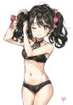  1girl ;) ahoge bangs bikini black_bikini black_hair bow breasts commentary_request cowboy_shot hair_bow hair_bow_removed hair_tie halterneck hands_up looking_at_viewer love_live! love_live!_school_idol_project midriff navel one_eye_closed pink_bow red_eyes sidelocks signature simple_background small_breasts smile solo swimsuit takenoko_no_you twintails tying_hair wavy_hair white_background wrist_bow yazawa_nico 