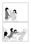  2koma 5girls :d ^_^ aoki_kanji black_hair blazer cardigan circle_formation closed_eyes closed_eyes comic flying_sweatdrops freckles greyscale hand_holding highres jacket kuroki_tomoko long_hair low_twintails monochrome multiple_girls necktie nemoto_hina open_mouth pleated_skirt school_uniform silent_comic skirt smile sweater tamura_yuri tanaka_mako triangle_mouth twintails two_side_up watashi_ga_motenai_no_wa_dou_kangaetemo_omaera_ga_warui! yoshida_masaki 