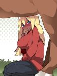  1girl blonde_hair blue_eyes blush breasts dark_skin denim drooling from_side grass grey_pants hammer_(sunset_beach) hand_up horse imminent_bestiality large_breasts long_hair long_sleeves looking_at_viewer looking_to_the_side original pants red_sweater seiza sitting sweatdrop sweater 