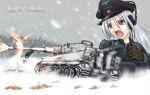  1girl arekishi_raiho caterpillar_tracks day graphite_(medium) grey_eyes grey_hair ground_vehicle headphones highres long_hair military military_uniform military_vehicle motor_vehicle original snow snowing tank tiger_i traditional_media translated uniform 