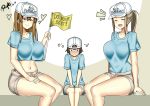  1boy 2girls absurdres age_difference blush breasts brown_hair closed_eyes embarrassed flag hat hataraku_saibou heart height_difference highres large_breasts long_hair multiple_girls older pants platelet_(hataraku_saibou) ponytail ryle shiny shiny_skin shirt short_hair shorts smile tight tight_pants 