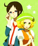  1boy 1girl ahoge bel_(pokemon) black_hair blazer blonde_hair blue_eyes blue_jacket breasts cheren_(pokemon) commentary_request glasses green_eyes green_hat hat jacket pokemon pokemon_(game) pokemon_bw 