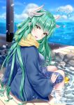  1girl :d bangs blue_kimono blue_sky blurry blurry_background blush brown_eyes clouds cloudy_sky commentary_request day depth_of_field dragon_horns eyebrows_visible_through_hair fate/grand_order fate_(series) fingernails green_hair hakuda_tofu head_tilt highres horizon horns japanese_clothes kimono kiyohime_(fate/grand_order) long_hair long_sleeves looking_at_viewer looking_to_the_side ocean onsen open_mouth outdoors round_teeth rubber_duck scarf sitting sky smile soaking_feet solo teeth upper_teeth very_long_hair water water_drop wide_sleeves yellow_scarf yukata 