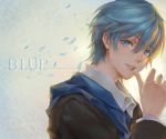  1boy bangs blue_eyes blue_hair brown_jacket collared_shirt commentary_request english hair_between_eyes hand_up jacket long_sleeves looking_at_viewer male_focus original parted_lips petals shangguan_feiying shirt smile solo upper_body white_shirt wing_collar 