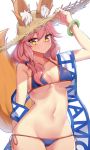  1girl absurdres animal_ears bikini blue_bikini bracelet breasts cleavage collarbone ears_through_headwear eyebrows_visible_through_hair fate/extella fate/extra fate/grand_order fate_(series) fox_ears fox_tail groin hat highres jewelry large_breasts looking_at_viewer narynn navel pink_hair side-tie_bikini simple_background solo straw_hat swimsuit tail tamamo_(fate)_(all) tamamo_no_mae_(swimsuit_lancer)_(fate) white_background yellow_eyes 