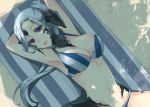  1girl armpits arms_behind_head au_ra bikini breasts cleavage dragon_horns final_fantasy final_fantasy_xiv hisato_ar horns large_breasts long_hair looking_at_viewer lying on_back parted_lips ponytail scales silver_hair solo striped striped_bikini swimsuit violet_eyes 