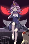  1girl acerola_(pokemon) barefoot black_dress dress gengar glowing glowing_eyes grin highres holding holding_hair legs long_ba_(fred9116) long_hair mimikyu pokemon pokemon_(creature) purple_hair smile topknot violet_eyes 