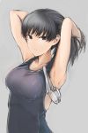  1girl absurdres amagami armpits arms_behind_head bangs breasts closed_mouth commentary_request goggles grey_background grey_eyes grey_hair hands_up highres ku-ba large_breasts long_hair looking_at_viewer one-piece_swimsuit simple_background solo swimsuit tsukahara_hibiki tying_hair upper_body wet 