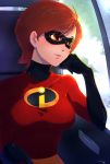  1girl bangs black_gloves blush bodysuit breasts brown_eyes brown_hair chin_rest commentary dated domino_mask elastigirl elbow_gloves gloves highres large_breasts light_smile lips looking_away mask parted_lips short_hair signature sitting solo superhero the_incredibles vehicle_interior yoruhasu_gekkei 