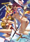  2girls aestus_estus ahoge animal_ears armor ass bare_legs beach_umbrella bead_bracelet beads bikini bikini_under_clothes blue_bikini bracelet breasts cleavage collarbone commentary_request criss-cross_halter earrings ears_through_headwear eyebrows_visible_through_hair fate/grand_order fate_(series) fox_ears fox_tail full_body green_eyes hair_intakes halter_top halterneck hat highres holding holding_sword holding_weapon jewelry lance large_breasts light_particles light_rays lips long_hair looking_at_viewer looking_down midriff multiple_girls nero_claudius_(fate)_(all) nero_claudius_(swimsuit_caster)_(fate) ocean open_mouth pink_hair polearm red_bikini serious shoulder_armor side-tie_bikini sideboob spaulders splashing standing striped striped_bikini sukocchi sun_hat sunbeam sunlight swimsuit sword tail tamamo_(fate)_(all) tamamo_no_mae_(swimsuit_lancer)_(fate) thighs twintails umbrella under_boob weapon yellow_eyes 