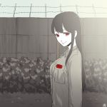  1girl akagi_(kantai_collection) alternate_costume barbed_wire breast_pocket breasts bush buttons closed_mouth clothes_writing collared_shirt hair_over_shoulder kantai_collection long_hair long_sleeves looking_at_viewer monochrome outdoors pocket prisoner red_eyes shirt signature smile solo spot_color upper_body wall zabuton_dorobou 