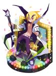  1boy akutare_(disgaea) bare_chest blonde_hair disgaea faux_figurine full_body grin guitar harada_takehito holding holding_instrument instrument jewelry looking_at_viewer makai_senki_disgaea_2 makai_wars male_focus necklace official_art pants pointy_ears popped_collar purple_pants rainbow_order shoes smile solo standing violet_eyes white_coat 
