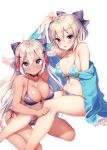  2girls :&lt; absurdres ahoge arm_up ayuma_sayu bikini black_bikini black_bow blue_bikini blush bow breasts cleavage collarbone dark_skin fantia_reward fate/grand_order fate_(series) flower front-tie_bikini front-tie_top hair_between_eyes hair_bow halterneck highres large_breasts long_hair looking_at_viewer multiple_girls navel off_shoulder okita_souji_(alter)_(fate) okita_souji_(fate) okita_souji_(fate)_(all) paid_reward parted_lips shiny shiny_skin sidelocks simple_background sitting skindentation strap_gap swimsuit tied_hair violet_eyes wariza white_background white_hair yellow_eyes 