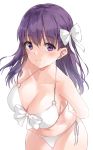  1girl 3: bikini bow breasts cleavage cowboy_shot cute eyebrows_visible_through_hair fate/stay_night fate_(series) from_above hair_bow highres large_breasts long_hair looking_at_viewer matou_sakura minikon navel o-ring o-ring_bikini o-ring_top purple_hair side-tie_bikini simple_background solo swimsuit violet_eyes white_background 