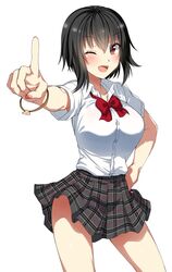  1girl aldehyde bangs black_hair blush bracelet eyebrows_visible_through_hair highres jewelry looking_at_viewer one_eye_closed open_mouth original pointing ribbon school_uniform shirt short_hair skirt solo standing 