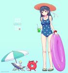  1girl ahoge beach_umbrella black_hair blue_background blue_swimsuit brown_eyes chair character_name commentary_request drink enemy_lifebuoy_(kantai_collection) full_body hat highres innertube kantai_collection long_hair lounge_chair nakaaki_masashi one-piece_swimsuit polka_dot polka_dot_swimsuit sandals scrunchie simple_background solo straw_hat sun_hat swimsuit umbrella ushio_(kantai_collection) wrist_scrunchie 