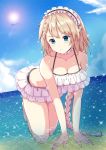  1girl all_fours alternate_costume bangs beach bikini blonde_hair blue_eyes blue_sky blush braid breasts choker cleavage clouds collarbone day eyebrows_visible_through_hair french_braid frilled_bikini frilled_choker frills g36_(girls_frontline) girls_frontline hair_between_eyes long_hair looking_at_viewer maid_headdress medium_breasts ocean outdoors partially_submerged shailiar sidelocks sky smile solo swimsuit very_long_hair wet 