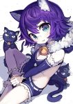  1girl :3 animal_ears bandaid bandaid_on_nose bangs bare_shoulders bell black_cat blue_eyes cat cat_ears cat_tail commentary detached_sleeves fur_trim gatakigi_gama highres hood hood_down indian_style jingle_bell long_sleeves looking_at_viewer original purple_hair purple_shorts shoes short_hair short_shorts shorts sitting slit_pupils smile solo tail v_arms 