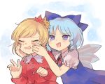  2girls aki_shizuha blonde_hair blue_bow blue_dress blue_eyes blue_hair bow cheek_press cirno closed_eyes dress hair_bow ice ice_wings long_hair multiple_girls puffy_short_sleeves puffy_sleeves sasa_kichi short_sleeves smile tears touhou upper_body wings 