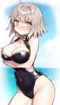  1girl ahoge black_swimsuit breasts cleavage collarbone covered_navel day eyebrows_visible_through_hair fate/grand_order fate_(series) jeanne_d&#039;arc_(alter)_(fate) jeanne_d&#039;arc_(fate)_(all) large_breasts looking_at_viewer navel ocean one-piece_swimsuit outdoors sakura_yuki_(clochette) silver_hair solo swimsuit yellow_eyes 
