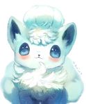  :3 alolan_vulpix blue blue_eyes blurry blurry_background blush commentary_request depth_of_field gen_1_pokemon highres looking_at_viewer manino_(mofuritaionaka) no_humans pokemon pokemon_(creature) smile solo spot_color vulpix white_background 