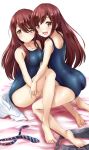  2girls :d bangs barefoot bed_sheet blue_swimsuit breasts brown_eyes brown_hair collarbone eyebrows_visible_through_hair floating_hair full_body grey_skirt hair_between_eyes highres idolmaster idolmaster_shiny_colors kneeling kuroba_aki long_hair looking_at_viewer medium_breasts multiple_girls necktie necktie_removed oosaki_amana oosaki_tenka open_mouth school_swimsuit shirt shirt_removed siblings simple_background sisters sitting skirt skirt_removed smile striped_neckwear swept_bangs swimsuit very_long_hair white_background white_shirt 