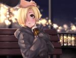  1girl bench blonde_hair brown_eyes can canned_coffee commentary_request earrings hand_on_another&#039;s_head highres hood hoodie idolmaster idolmaster_cinderella_girls jewelry parted_lips petting pov pov_hands railing shirasaka_koume short_hair sleeves_past_wrists solo_focus tdnd-96 