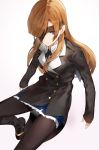  1girl blue_eyes coat commentary_request eyepatch fate/grand_order fate_(series) hair_over_one_eye high_heels kfr long_hair long_sleeves one_eye_covered open_mouth ophelia_phamrsolone orange_hair pantyhose shadow sitting skirt sleeves_past_wrists solo white_background 