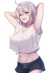 1girl ahoge alternate_costume armpits arms_behind_head blush breasts casual collarbone commentary_request contemporary cowboy_shot crop_top erect_nipples eyebrows_visible_through_hair fate/grand_order fate_(series) hair_between_eyes highres jeanne_d&#039;arc_(alter)_(fate) jeanne_d&#039;arc_(fate)_(all) large_breasts looking_at_viewer midriff navel open_mouth ramchi see-through shirt short_hair shorts signature silver_hair simple_background white_background white_shirt yellow_eyes 