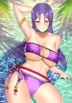  1girl bangs beach bikini breasts choker collarbone eyepatch_bikini fate/grand_order fate_(series) hips huge_breasts long_hair looking_at_viewer minamoto_no_raikou_(fate/grand_order) minamoto_no_raikou_(swimsuit_lancer)_(fate) parted_bangs purple_bikini purple_hair side-tie_bikini sitting swimsuit vanquice very_long_hair violet_eyes water wet 