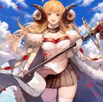  1girl :d ahoge anila_(granblue_fantasy) blue_sky blush breasts brown_skirt cape cleavage clouds day draph fur_trim gloves granblue_fantasy highres holding holding_polearm holding_weapon honyaru_(nanairo39) horns large_breasts long_hair looking_at_viewer open_mouth petals pleated_skirt polearm sheep_horns skirt sky smile solo standing thigh-highs weapon white_gloves white_legwear yellow_eyes zettai_ryouiki 