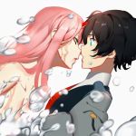  1boy 1girl bangs black_hair blue_eyes bubble commentary couple darling_in_the_franxx face-to-face facing_another forehead-to-forehead green_eyes hbdkdmpsoohrywx hetero hiro_(darling_in_the_franxx) horns long_hair looking_at_another military military_uniform necktie oni_horns pink_hair red_horns red_neckwear shirtless short_hair uniform wet zero_two_(darling_in_the_franxx) 