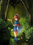  1girl :d arle_nadja blue_footwear blue_skirt boots bracer brown_eyes brown_hair bush cape commentary_request forest grass hairband highres holding looking_at_viewer looking_back madou_monogatari nature open_mouth outdoors puyopuyo shoulder_armor skirt smile solo spaulders staff standing tree waichi white_cape 