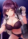  1girl black_vest bra breasts brown_eyes chains collarbone gloves hagikaze_(kantai_collection) highres holding kamelie kantai_collection large_breasts long_hair navel one_eye_closed open_clothes open_shirt open_vest panties purple_bra purple_hair purple_panties shirt short_sleeves smile solo tongue tongue_out underwear vest white_gloves white_shirt 