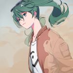  1girl alternate_costume blue_eyes bomber_jacket dust earrings eyewear_on_head green_hair hatsune_miku jacket jewelry long_hair looking_at_viewer solo suna_no_wakusei_(vocaloid) twintails upper_body vocaloid 
