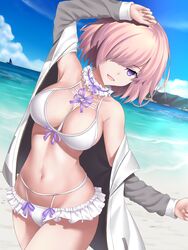  1girl beach bikini breasts cleavage fate/grand_order fate_(series) frilled_bikini_bottom hair_over_one_eye highres jacket large_breasts mash_kyrielight purple_hair sky swimsuit user_wye9686 violet_eyes white_bikini 