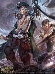  1boy abs artist_name blue_eyes clouds copyright_name dagger eyepatch faceless faceless_male facial_mark gun hat highres hook_hand legend_of_the_cryptids long_hair male_focus map navel official_art pirate pirate_hat shirtless sky solo squirrel sword teeth weapon white_hair zinnadu 