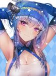  1girl ahoge armpits arms_behind_head azur_lane bangs bare_shoulders blue_background blue_gloves blue_hair blush breasts checkered checkered_background cleavage closed_mouth collarbone commentary dress elbow_gloves eyebrows_visible_through_hair gloves hair_between_eyes hair_ornament hair_ribbon hanato_(seonoaiko) hand_in_hair head_tilt large_breasts light_smile long_hair looking_at_viewer ribbon sideboob sidelocks smile solo sparkle st._louis_(azur_lane) star symbol_commentary tress_ribbon upper_body violet_eyes white_gloves 