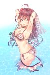  1girl ;d ahoge aile_(crossroads) armpits arms_up ass bangs bikini bikini_skirt blue_eyes blush breasts brown_hair cleavage day flower hair_flower hair_ornament hibiscus ichinose_shiki idolmaster idolmaster_cinderella_girls jewelry large_breasts long_hair looking_at_viewer necklace ocean one_eye_closed open_mouth outdoors red_flower side-tie_bikini skirt skirt_pull smile solo striped striped_bikini swimsuit wading water wavy_hair 