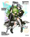  1girl :d apron bangs black_footwear blush breasts bucket character_name clothes_writing collarbone damaged dress frills full_body girls_frontline green_hair grey_legwear gun hair_between_eyes hand_on_hip handgun hands_up head_tilt high_heels holding holding_bucket holding_gun holding_weapon long_hair looking_at_viewer m950a m950a_(girls_frontline) maid medium_breasts mop official_art open_mouth parted_lips pistol pouch puffy_sleeves shirt shoulder_cutout sidelocks single_knee_pad sitting skirt sleeveless sleeveless_shirt smile solo standing standing_on_one_leg thigh-highs torn_clothes torn_thighhighs trigger_discipline twintails unbuttoned unbuttoned_shirt wavy_hair weapon yellow_eyes zagala 